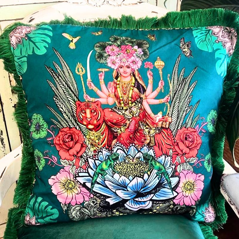 Goddess Durga Deluxe Floral Forest Velvet Cushion