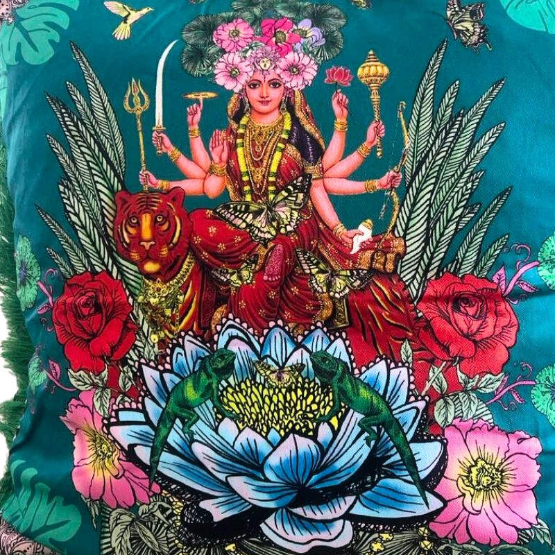 Goddess Durga Deluxe Floral Forest Velvet Cushion