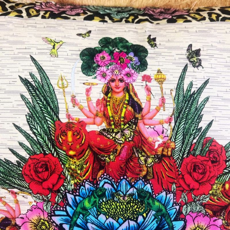 Goddess Durga Deluxe Floral Cream Velvet Cushion