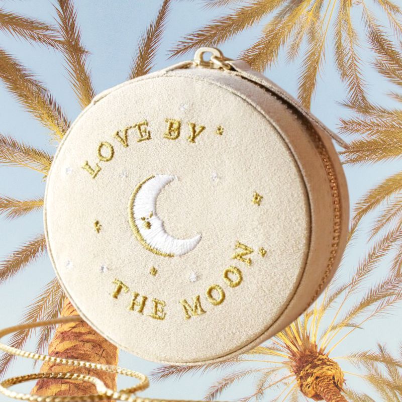 Moon and Sun Embroidered Round Jewellery Case in Sand