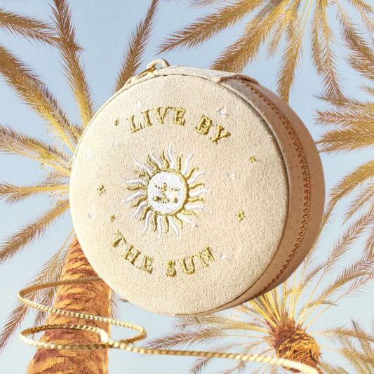 Moon and Sun Embroidered Round Jewellery Case in Sand