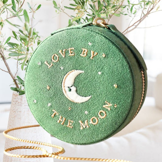 Moon and Sun Embroidered Round Jewellery Case in Forest Green
