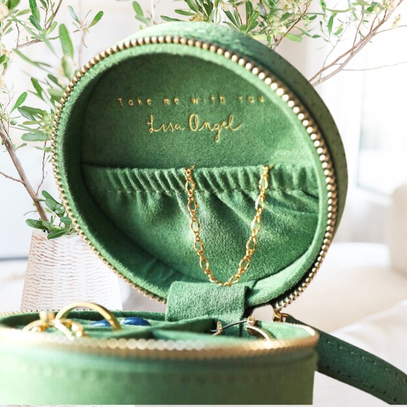 Moon and Sun Embroidered Round Jewellery Case in Forest Green