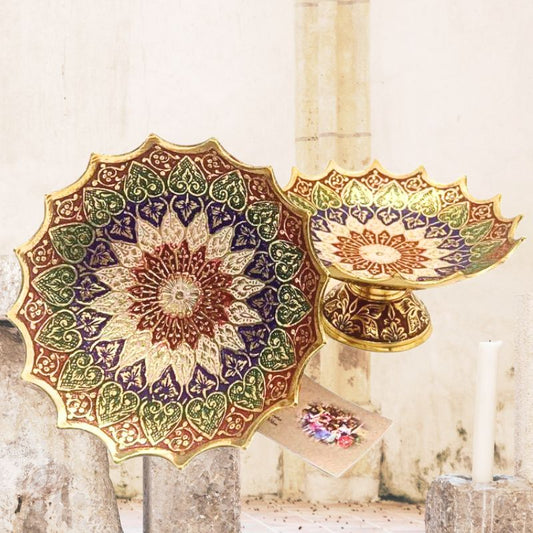 Brass Altar Bowls with Decorative Enamel & Stand