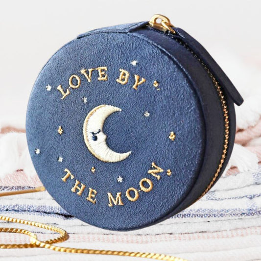 Moon and Sun Embroidered Round Jewellery Case in Midnight Blue