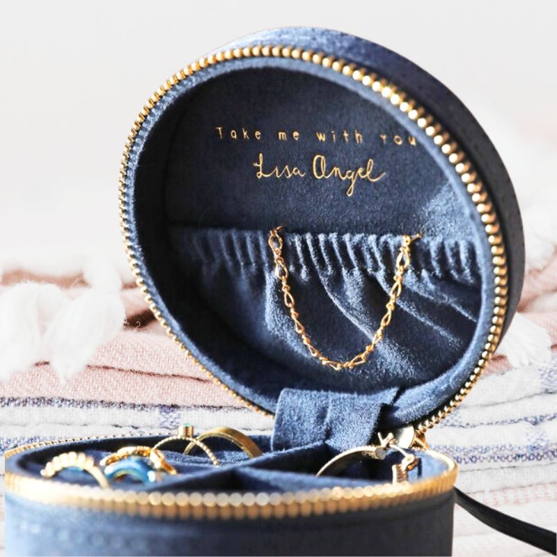 Moon and Sun Embroidered Round Jewellery Case in Midnight Blue
