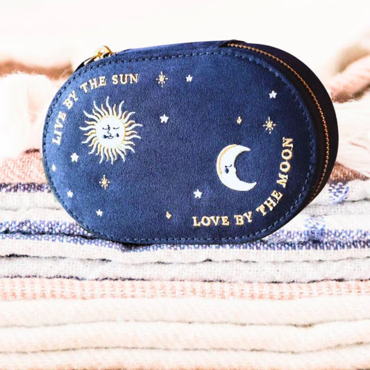 Moon and Sun Embroidered Oval Jewellery Case in Midnight Blue