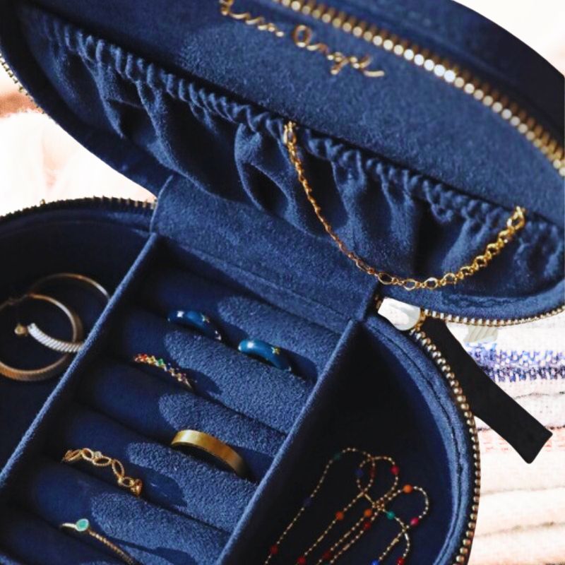 Moon and Sun Embroidered Oval Jewellery Case in Midnight Blue