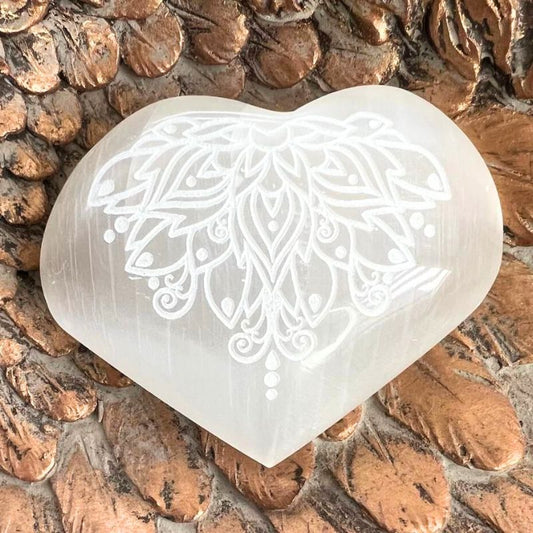 Selenite Heart with Engraved Lotus