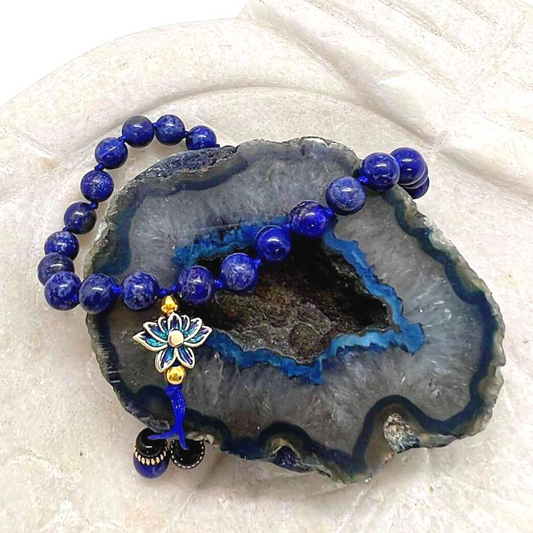 Buddhist Prayer Bead Bracelet with Lapis & Blue Lotus
